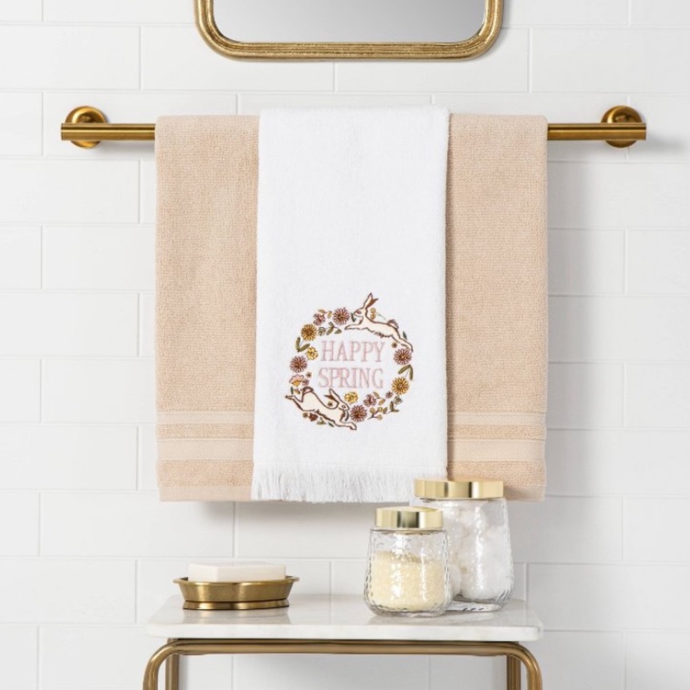 Happy Spring Hand Towel White Embroidered